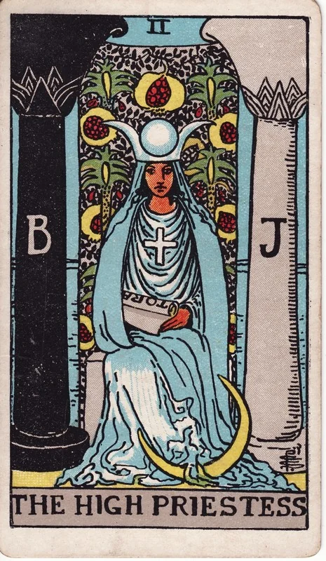 The High Priestess tarot card from the Rider-Waite deck (1909, public domain)