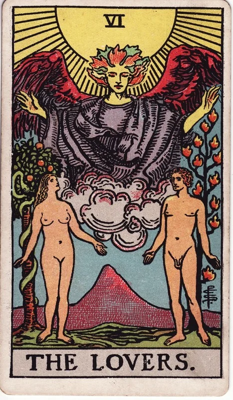 The Lovers tarot card from the Rider-Waite deck (1909, public domain)