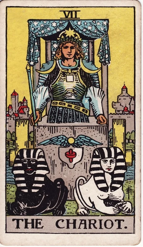 The Chariot tarot card from the Rider-Waite deck (1909, public domain)