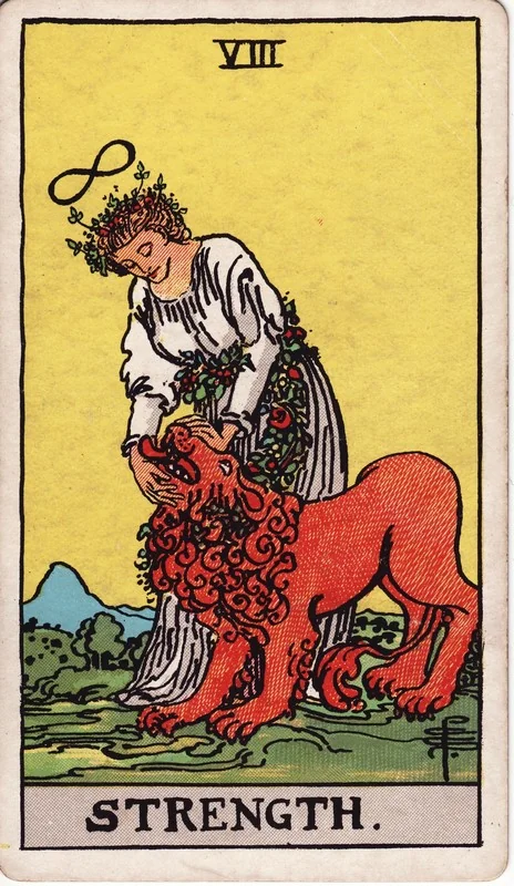 Strength tarot card from the Rider-Waite deck (1909, public domain)