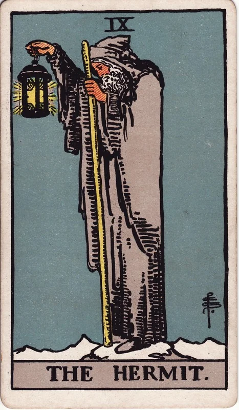 The Hermit tarot card from the Rider-Waite deck (1909, public domain)