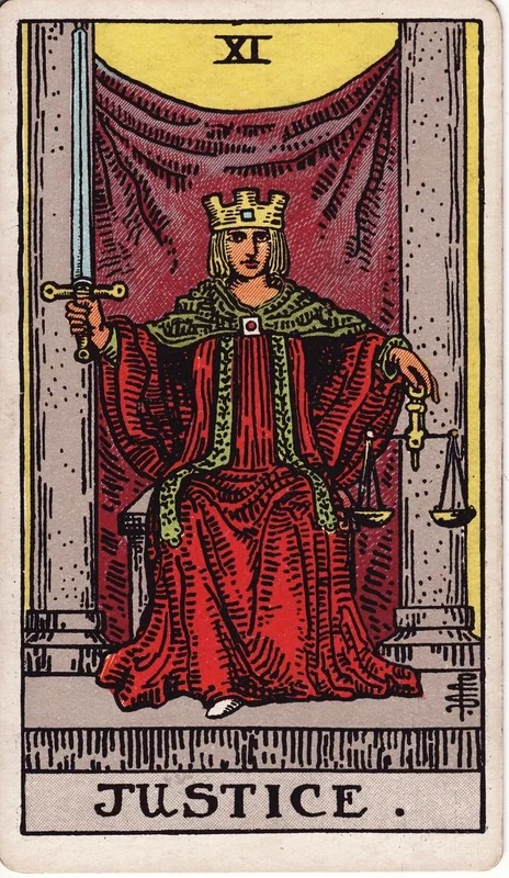 Justice tarot card from the Rider-Waite deck (1909, public domain)