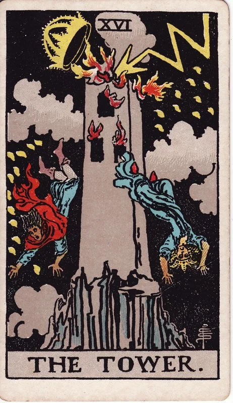 The Tower tarot card from the Rider-Waite deck (1909, public domain)
