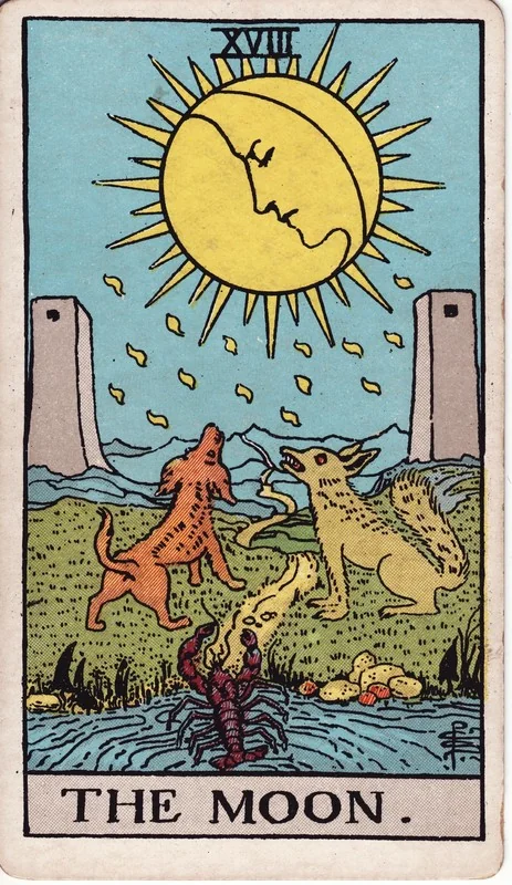 The Moon tarot card from the Rider-Waite deck (1909, public domain)
