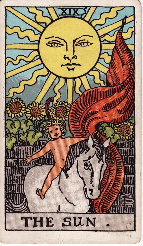 The Sun tarot card from the Rider-Waite deck (1909, public domain)