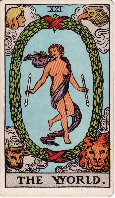 The World tarot card from the Rider-Waite deck (1909, public domain)