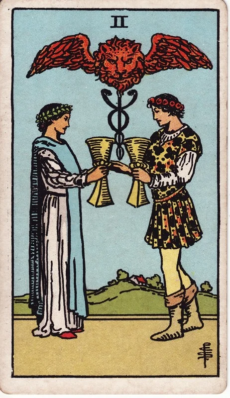 Two of Cups tarot card from the Rider-Waite deck (1909, public domain)