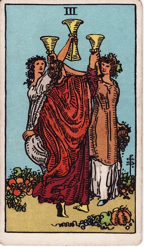 Three of Cups tarot card from the Rider-Waite deck (1909, public domain)