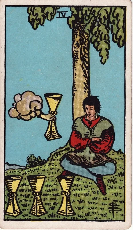 Four of Cups tarot card from the Rider-Waite deck (1909, public domain)