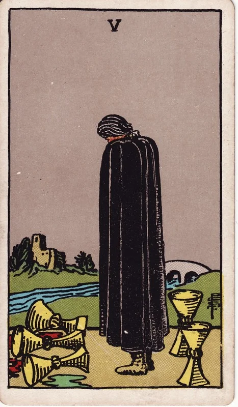 Five of Cups tarot card from the Rider-Waite deck (1909, public domain)