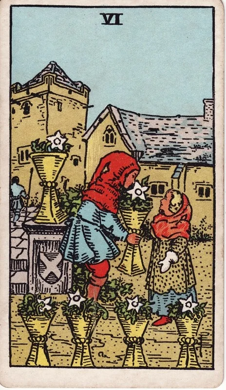 Six of Cups tarot card from the Rider-Waite deck (1909, public domain)