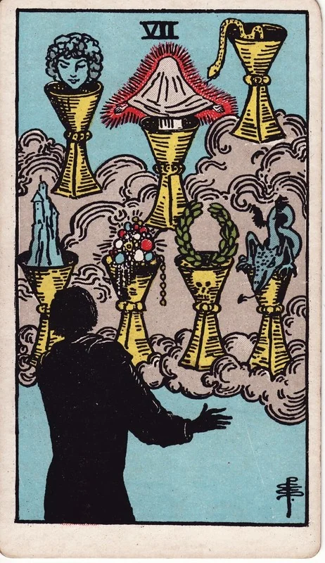 Seven of Cups tarot card from the Rider-Waite deck (1909, public domain)