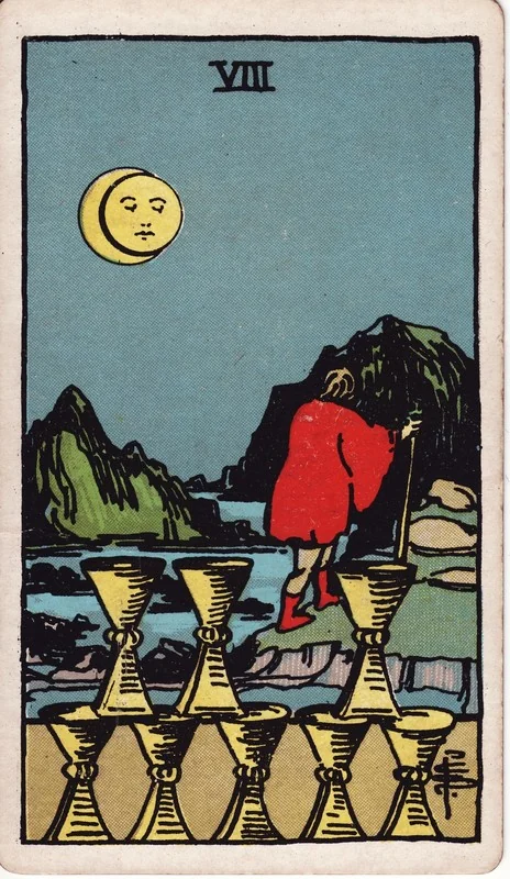 Eight of Cups tarot card from the Rider-Waite deck (1909, public domain)