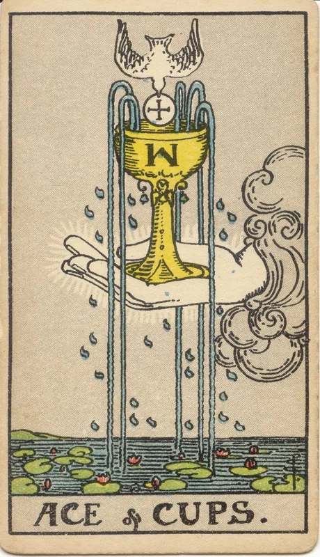Ace of Cups tarot card from the Rider-Waite deck (1909, public domain)