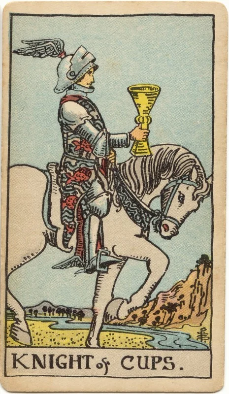 Knight of Cups tarot card from the Rider-Waite deck (1909, public domain)