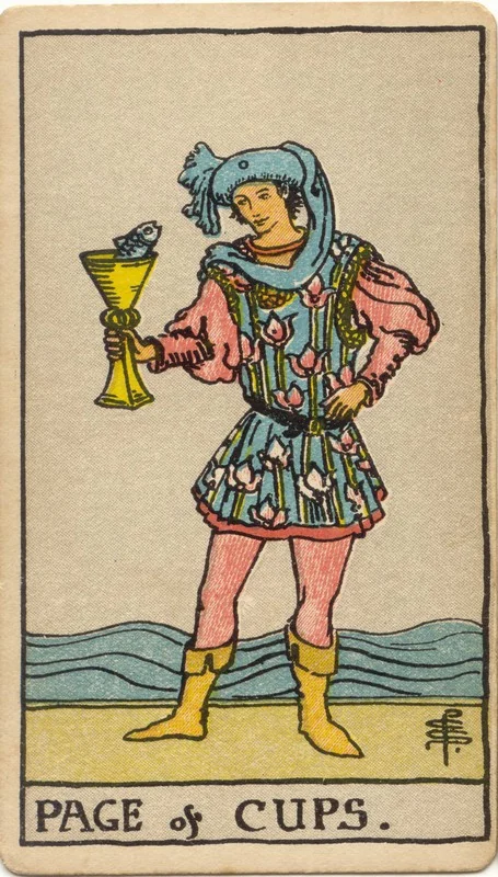 Page of Cups tarot card from the Rider-Waite deck (1909, public domain)