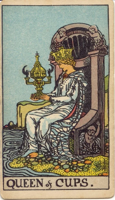 Queen of Cups tarot card from the Rider-Waite deck (1909, public domain)