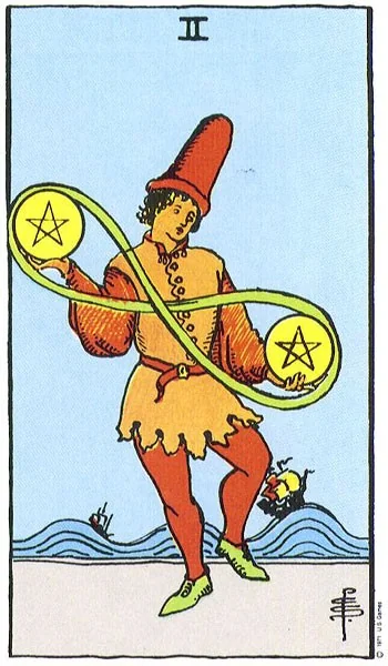 Two of Pentacles tarot card from the Rider-Waite deck (1909, public domain)
