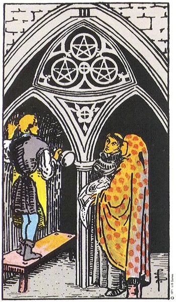 Three of Pentacles tarot card from the Rider-Waite deck (1909, public domain)