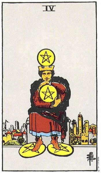 Four of Pentacles tarot card from the Rider-Waite deck (1909, public domain)