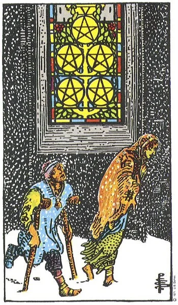 Five of Pentacles tarot card from the Rider-Waite deck (1909, public domain)