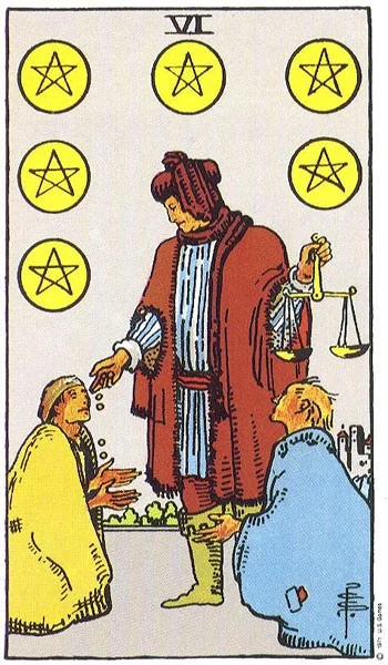 Six of Pentacles tarot card from the Rider-Waite deck (1909, public domain)