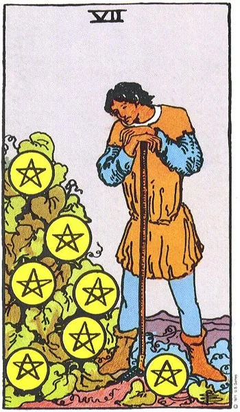 Seven of Pentacles tarot card from the Rider-Waite deck (1909, public domain)