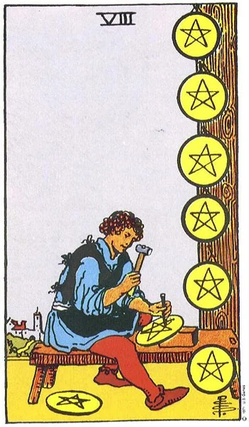 Eight of Pentacles tarot card from the Rider-Waite deck (1909, public domain)