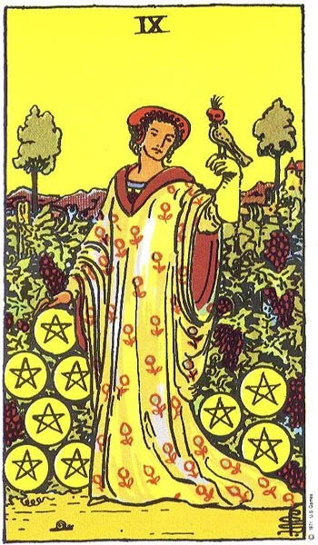 Nine of Pentacles tarot card from the Rider-Waite deck (1909, public domain)
