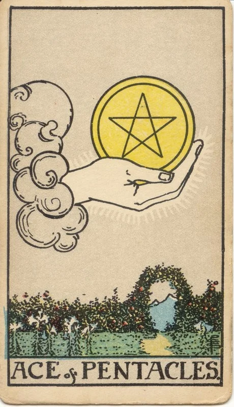 Ace of Pentacles tarot card from the Rider-Waite deck (1909, public domain)