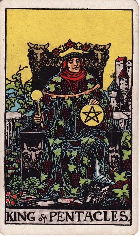 King of Pentacles tarot card from the Rider-Waite deck (1909, public domain)