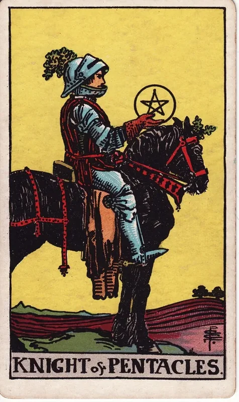 Knight of Pentacles tarot card from the Rider-Waite deck (1909, public domain)