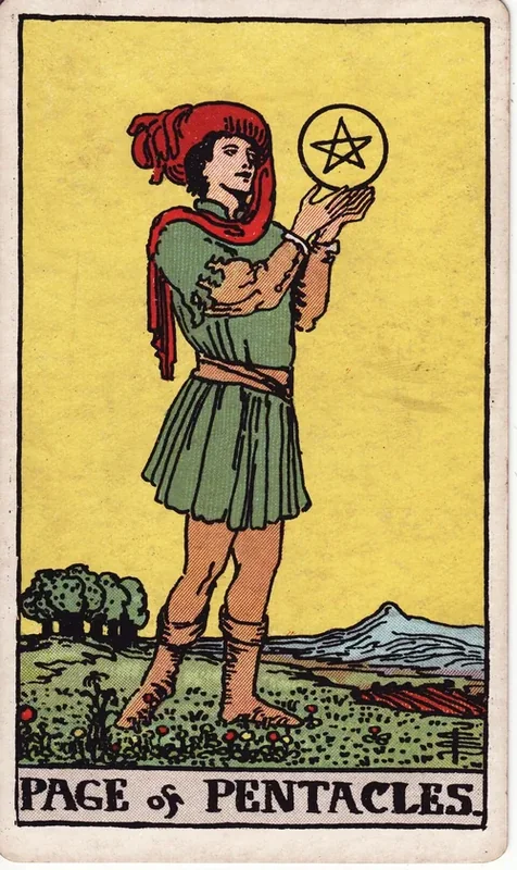 Page of Pentacles tarot card from the Rider-Waite deck (1909, public domain)