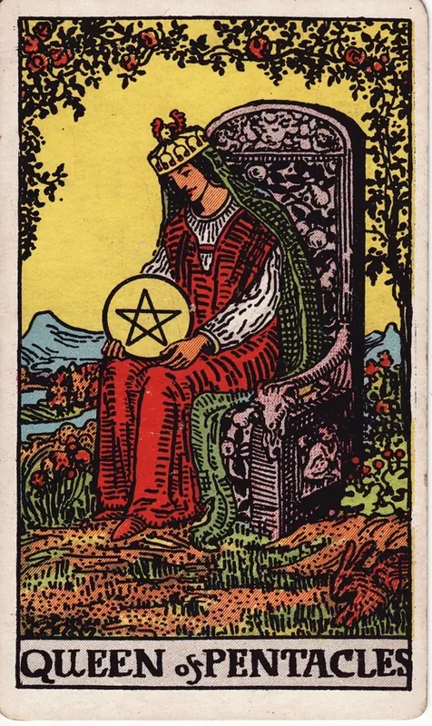Queen of Pentacles tarot card from the Rider-Waite deck (1909, public domain)