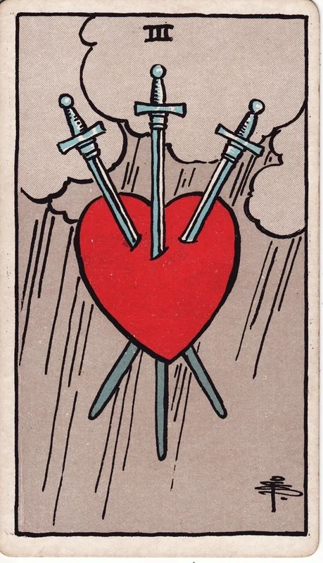 Three of Swords tarot card from the Rider-Waite deck (1909, public domain)