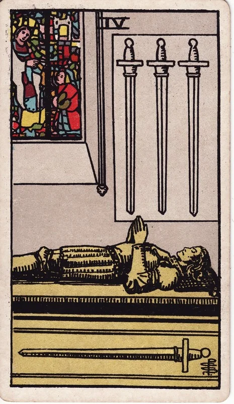 Four of Swords tarot card from the Rider-Waite deck (1909, public domain)
