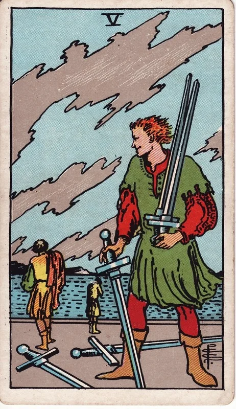 Five of Swords tarot card from the Rider-Waite deck (1909, public domain)