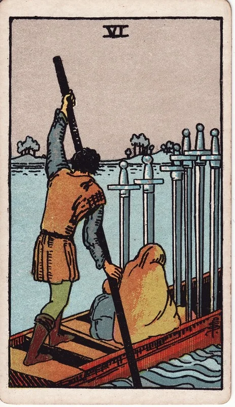 Six of Swords tarot card from the Rider-Waite deck (1909, public domain)
