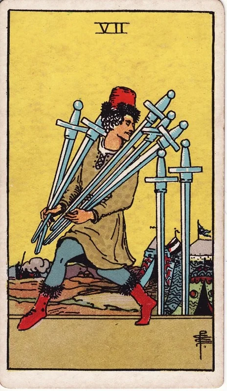 Seven of Swords tarot card from the Rider-Waite deck (1909, public domain)