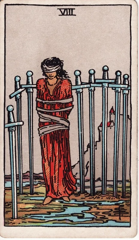 Eight of Swords tarot card from the Rider-Waite deck (1909, public domain)