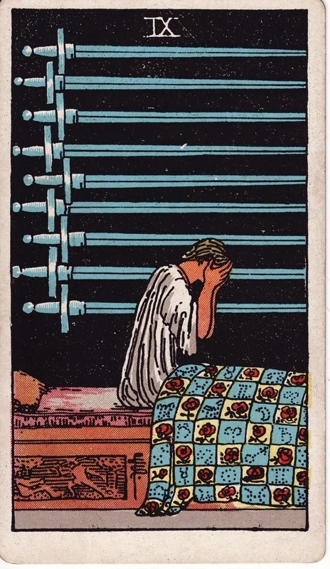 Nine of Swords tarot card from the Rider-Waite deck (1909, public domain)
