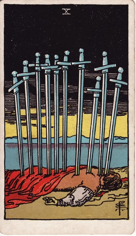 Ten of Swords tarot card from the Rider-Waite deck (1909, public domain)