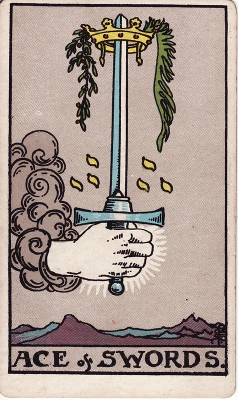 Ace of Swords tarot card from the Rider-Waite deck (1909, public domain)