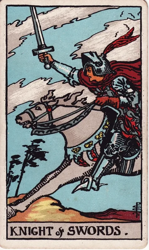 Knight of Swords tarot card from the Rider-Waite deck (1909, public domain)