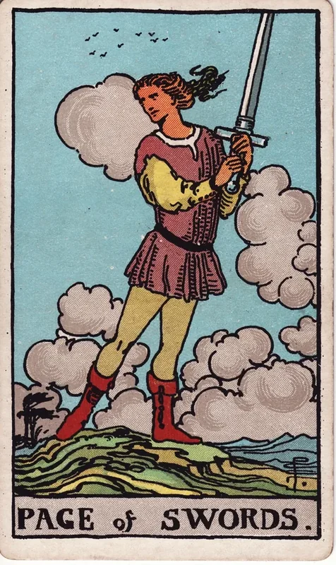 Page of Swords tarot card from the Rider-Waite deck (1909, public domain)