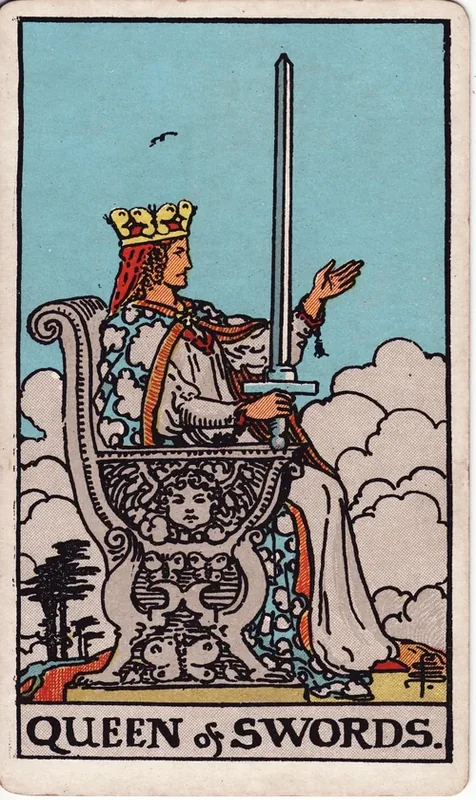 Queen of Swords tarot card from the Rider-Waite deck (1909, public domain)