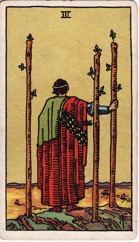 Three of Wands tarot card from the Rider-Waite deck (1909, public domain)