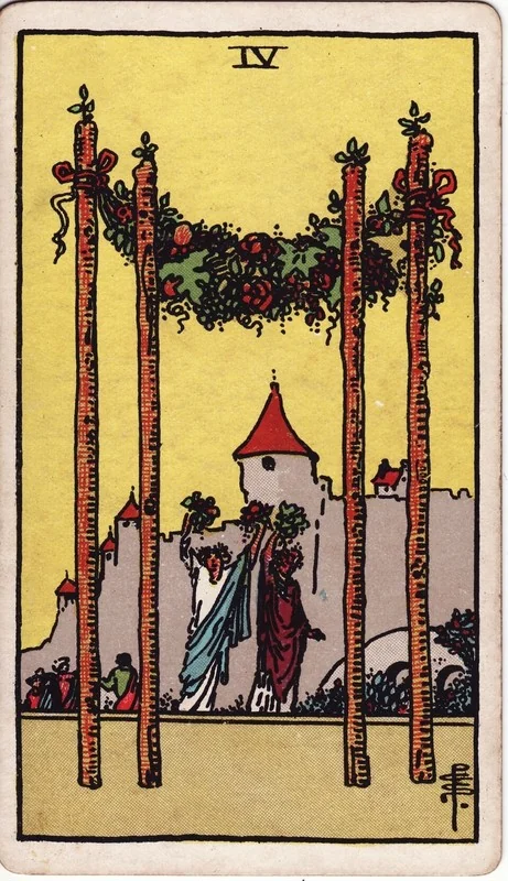 Four of Wands tarot card from the Rider-Waite deck (1909, public domain)