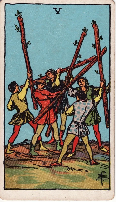 Five of Wands tarot card from the Rider-Waite deck (1909, public domain)
