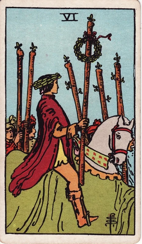Six of Wands tarot card from the Rider-Waite deck (1909, public domain)